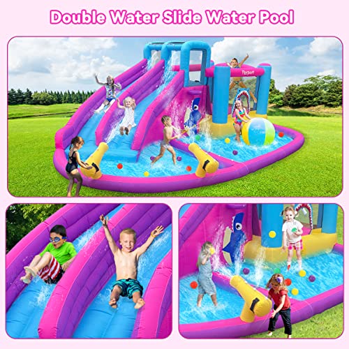 Inflatable Bounce House Water Slide Park, Double Slide Bouncer Castle with Climbing Wall, Bouncy Castle with 550W Air Blower for Indoor Outdoor Play Backyard