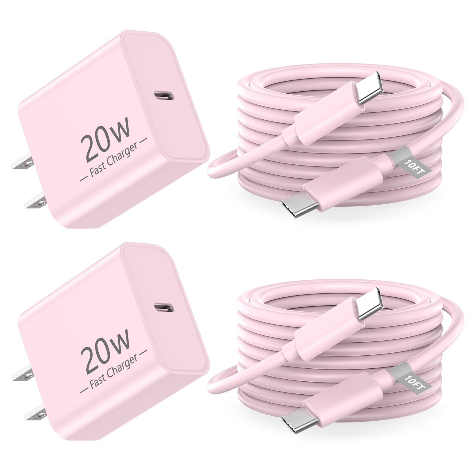 Matsusho iPhone 16 15 Charger Fast Charging 10 FT, 2 Pack 20W USB C Wall Charger with 10FT Type C Charger Fast Charging Cable for iPhone 16/16 Plus/16 Pro/16 Pro Max/15/15 Pro/15 Pro Max/15 Plus, Pink