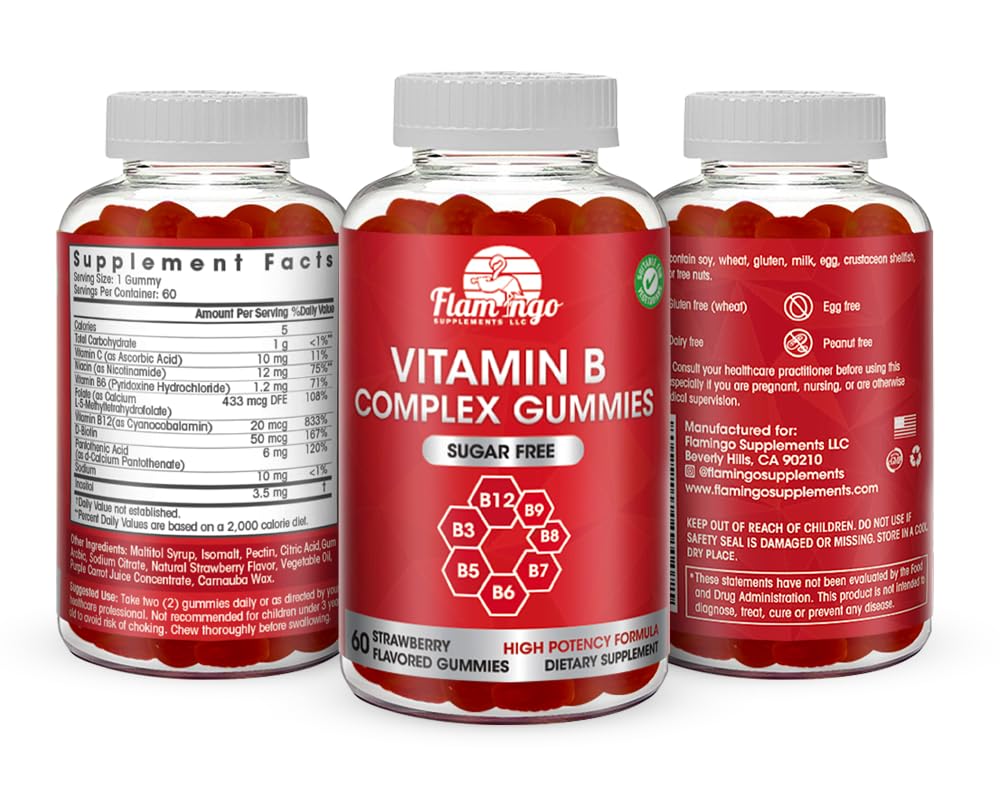 Sugar Free Vitamin B Complex Gummies - Vitamin B12, B7, B6, B3 (Niacin), B5, B8, B9 (Folate)- Third Party Tested- Prenatal, Vegan Diet, Older Adults - B Complex Vitamin Supplement- Two Month Supply