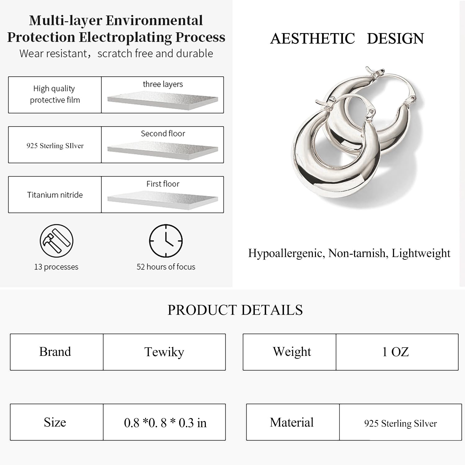 Tewiky Chunky Sterling Silver Teardrop Hoop Earrings for Women, Lightweight Hypoallergenic Silver Plated Open Thick Drop Earrings Big Simple Half Fashion Teen Girls