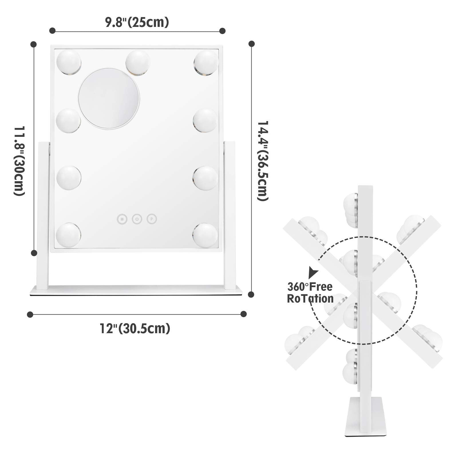 NUSVAN Vanity Mirror with Lights, Makeup Mirror with Lights,3 Color Lighting Modes Detachable 10X Magnification Mirror Touch Control,360°Rotation, White.