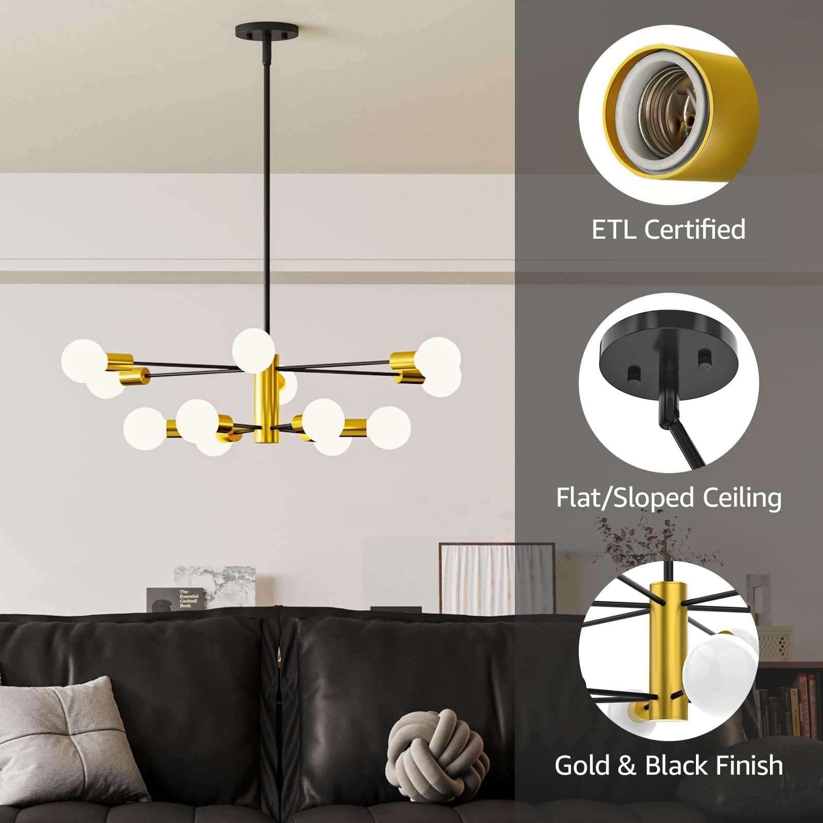 Zevluck 12-Light Modern Chandelier, Dining Room Light Fixtures Over Table, Black and Gold Chandelier with Adjustable Rods, Sputnik Chandeliers for Dining Room, Living Room, Kitchen Island, Foyer