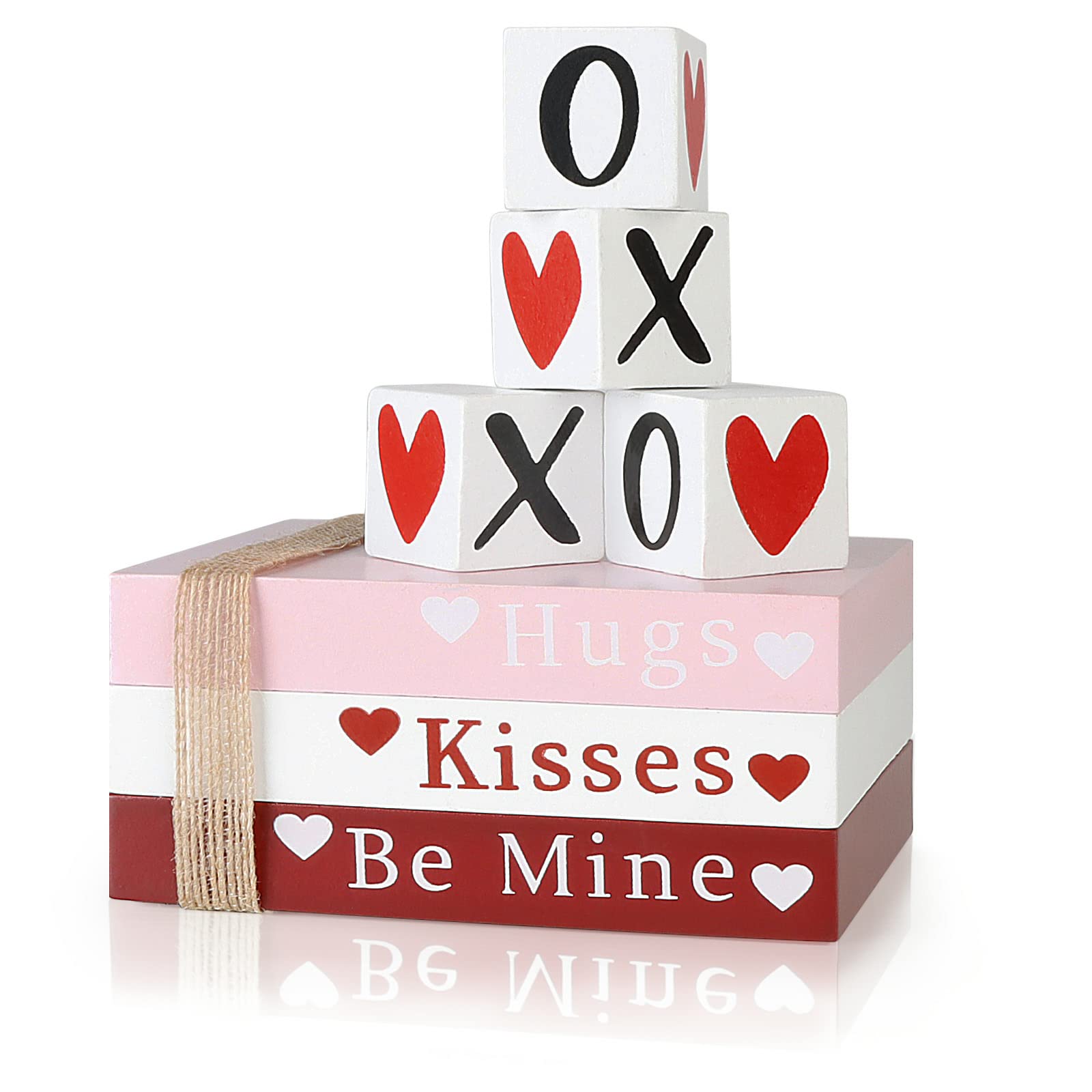 Valentines Day Decor, Wooden Book Stack with 4 XOXO Valentines Decor Signs, Valentines Day Decorations for The Home, Tiered Tray, Coffee Table, Fireplace Mantel, Shelf - Valentines Decorations Indoor