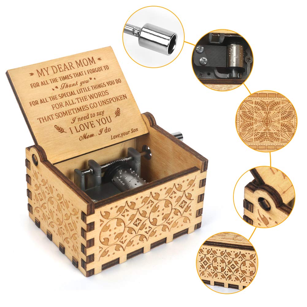 Music Box Hand Crank Engraved Musical Box-U R My Sunshine Mechanism Antique Vintage Personalizable Gift for Dear Mother from Son on Birthday Party