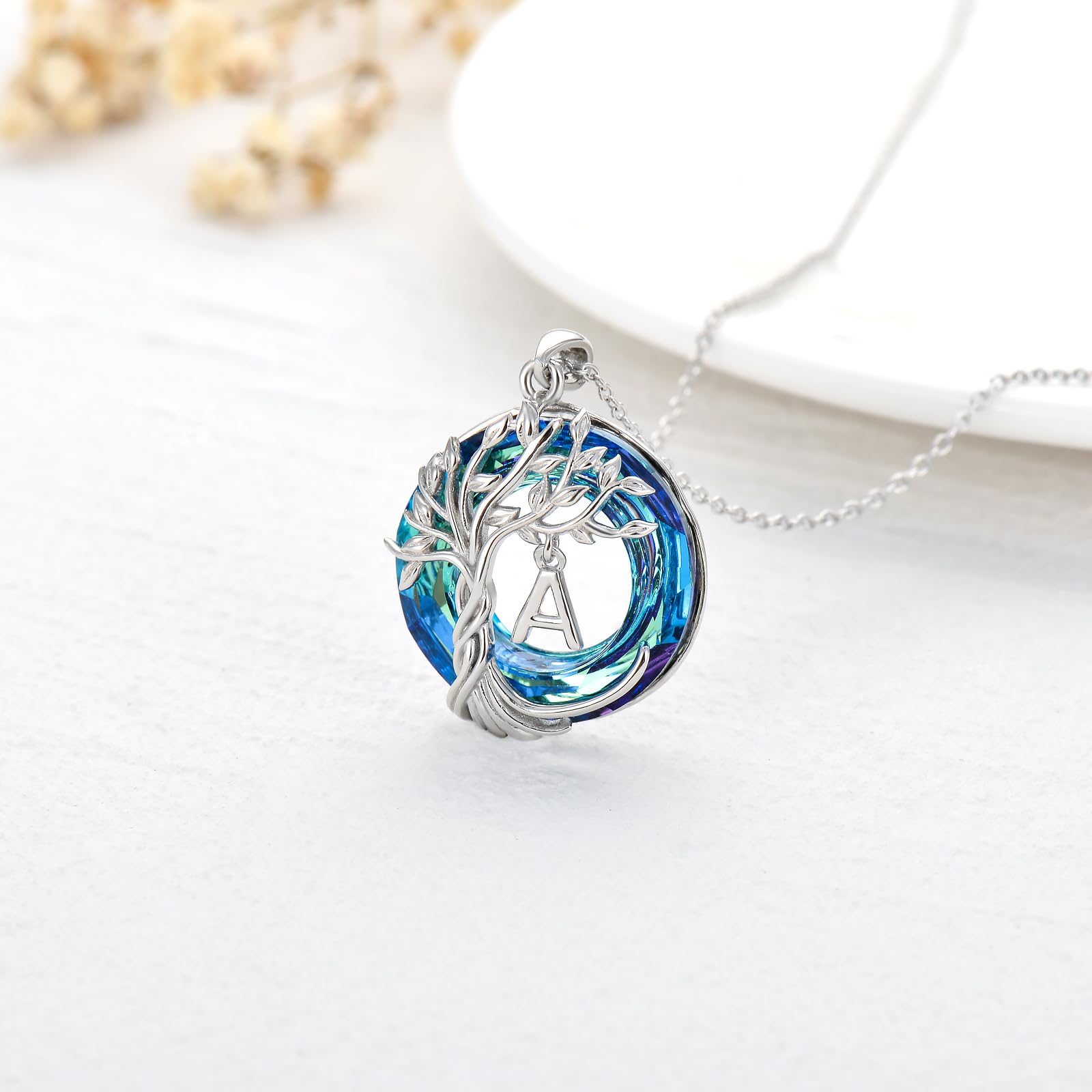 TOUPOP Christmas Gifts Necklace for Women Tree of Life Initial A Letter Pendant Necklace Sterling Silver Irish Tree Jewelry Blue Circle Crystal Anniversary Birthday Gifts for Her Girlfriend Wife Mom