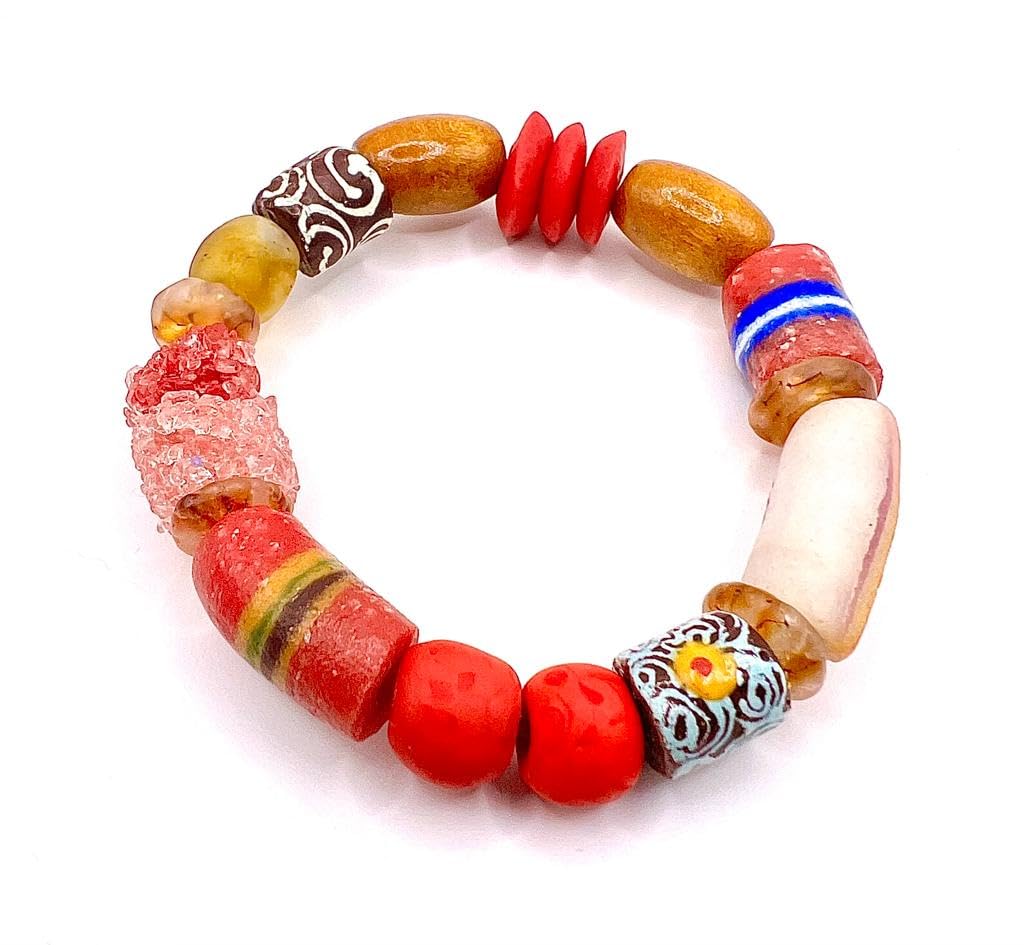 Glass Adornments Ghanaian Recycled Handmade Powder Glass Trade Bead Bracelet (M, Red)