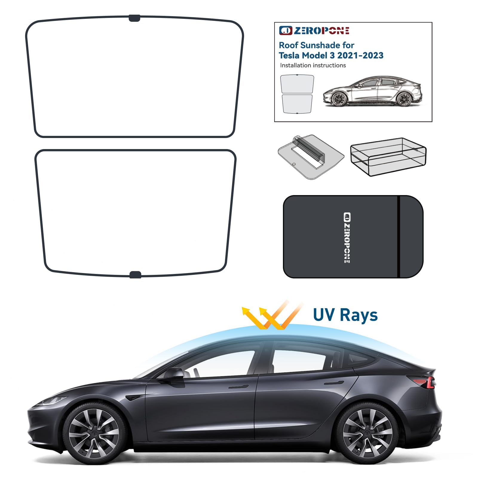 ZeroPone Roof Sunshade for Tesla Model 3 2024, Sunroof Windshield Shade, Foldable Tesla Model 3 2024 Refresh Roof Sunshade, Front & Rear Top Glass Sun Shade