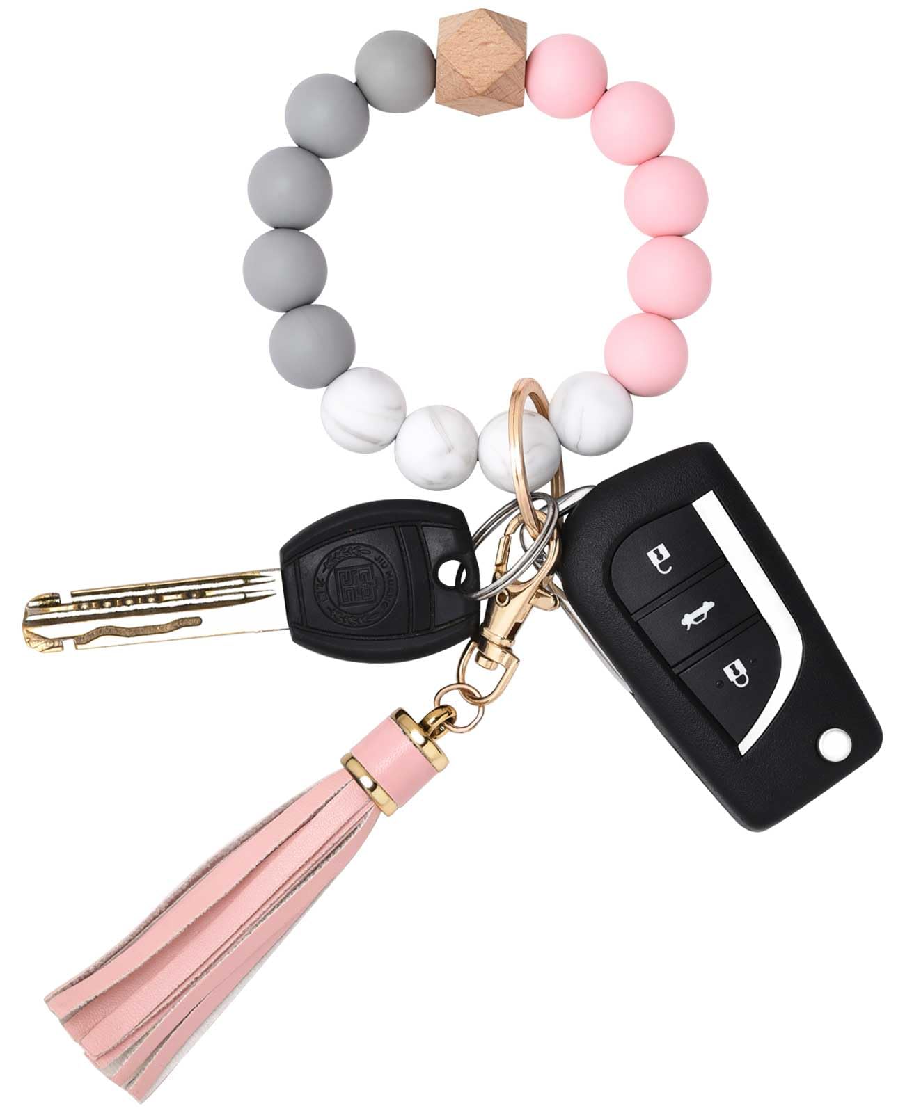 BAOSIWA Silicone Beaded Bracelet Keychain Wristlet Key Ring Pink Bangle Chains for Women Girls with Leather Tassel