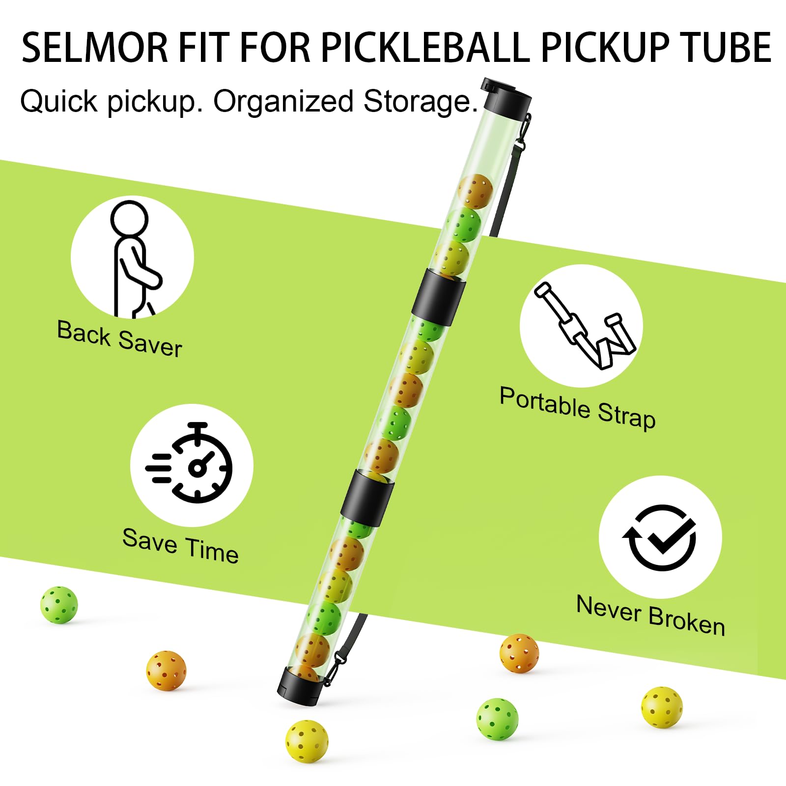 SELMOR 17 Balls Pickleball Ball Retriever & Ball Holder Storage with Strap, Back Saver for Pickleball Accessories, Quick for Pickleball Tube Ball Pickup