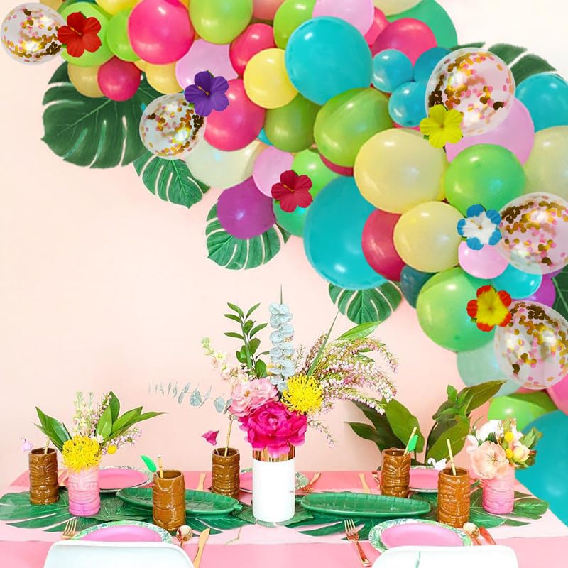 Tropical Luau Balloon Arch Kit with Green Pink Blue Balloons and Palm Leaves Hibiscus Flowers for Hawaiian Luau Tiki Tropical Birthday Party Decorations Supplies, 12/10/5 Inch