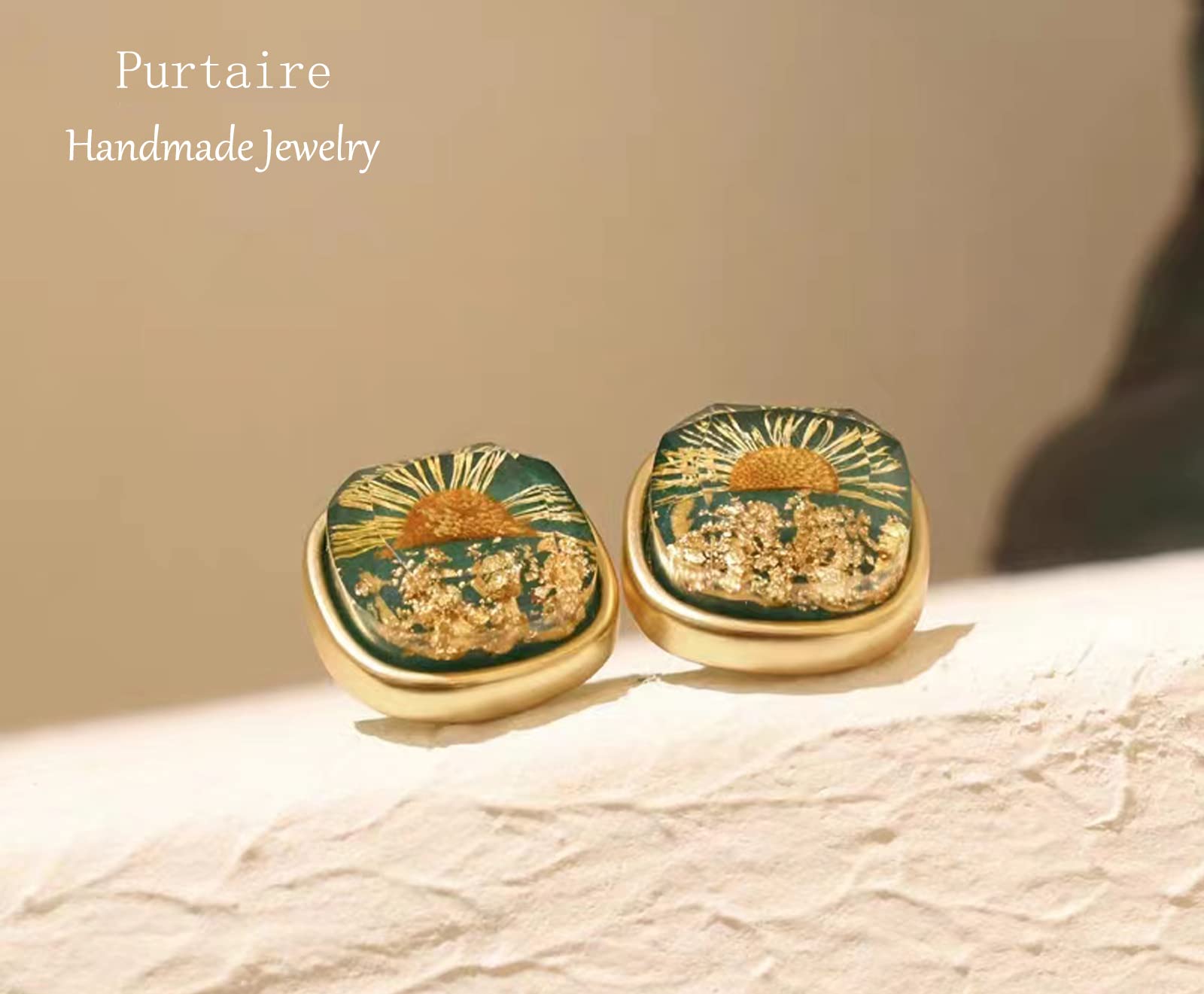 Purtaire Flower Earrings for Women Handmade Earrings with Metal Gift Box, Vintage Earringsfor Women Jewelry, Geometric Dangle Earrings with Gold Leaf and Real Flower