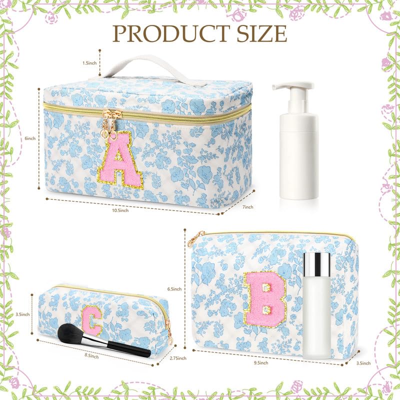 DOSUKE 3 PCS Travel Makeup Bag Set, A-Z Initials Cotton Make up Bag Floral Quilted Cosmetic Bag for Girls and Women, Personalized Cute Toiletry Bag Travel Accessories Brushes Bag Blue - A