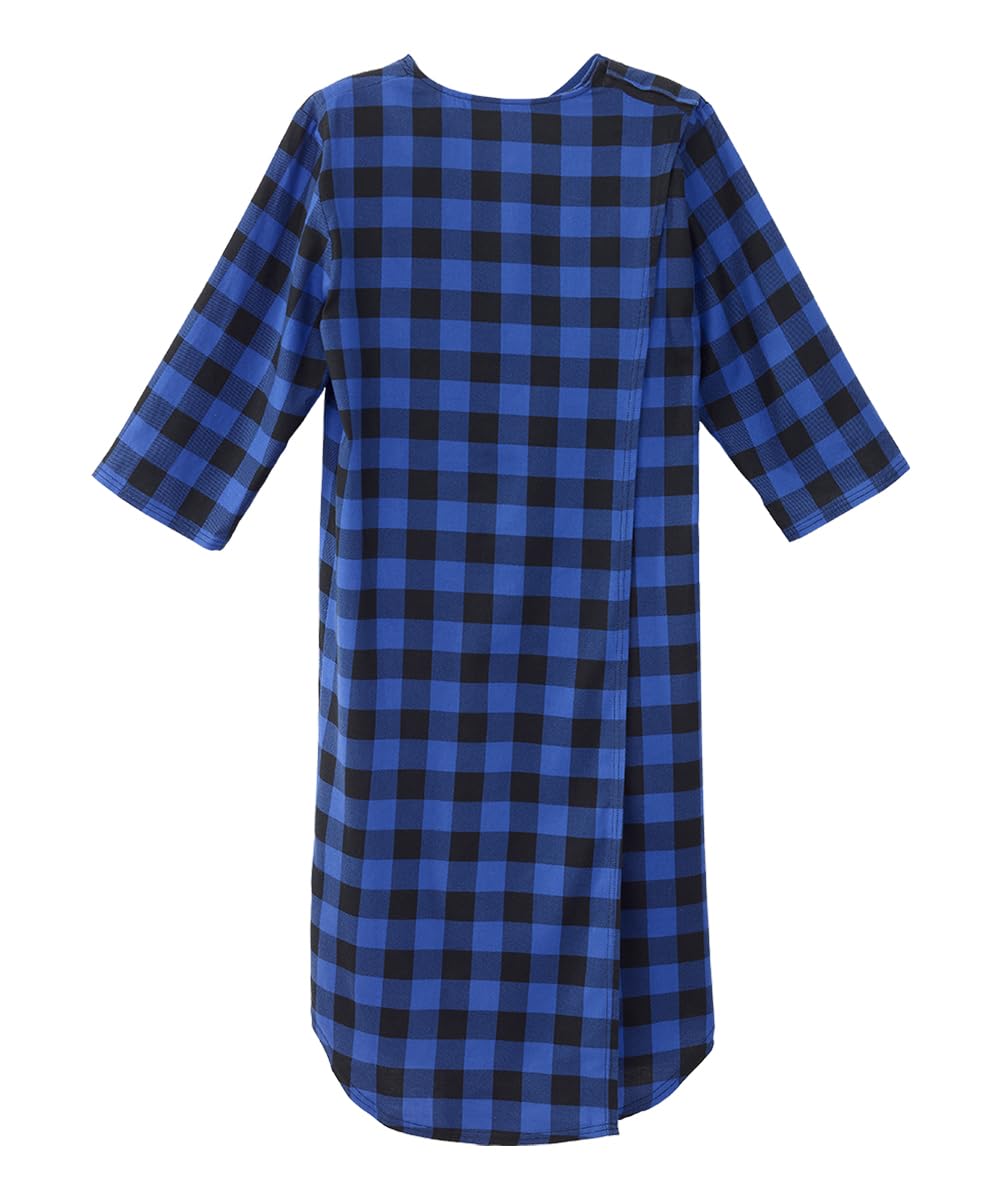 Men’s Open Back Adaptive Flannel Nightgown for Seniors - Back Snap Nightgowns With Dome Closure - Blue Buffalo MED