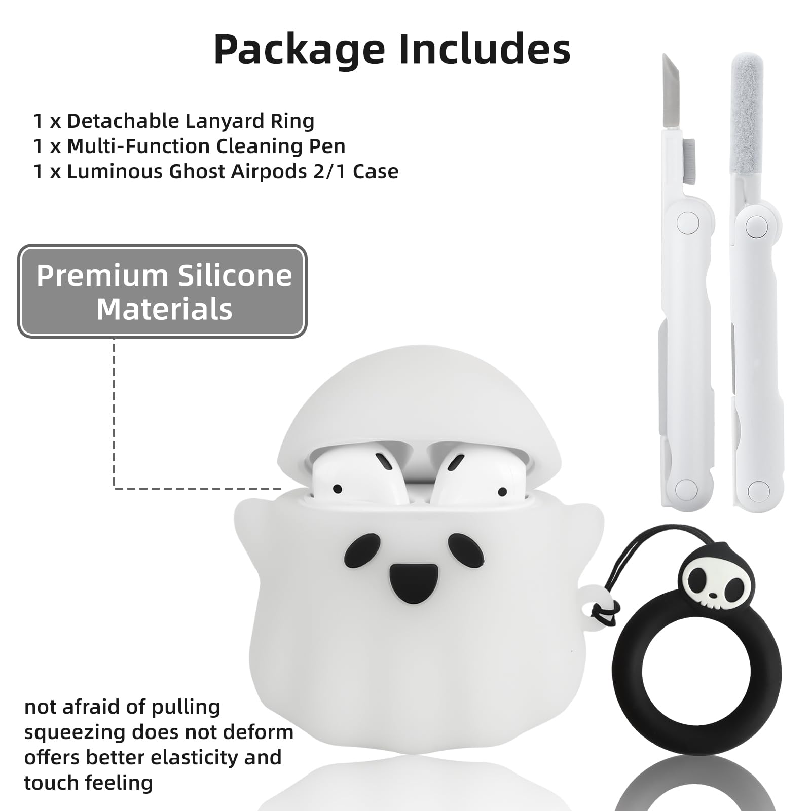 Compatible with AirPods 2nd/1st Generation Case, Glow in The Dark Funny 3D Ghost Case for Airpods 2/1 with Cleaner Kit, Cute Soft Silicone Protective Skin AirPods Case for Women Men Girls Boys