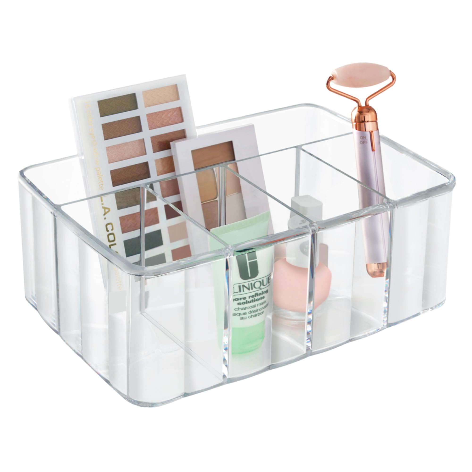 STORi 5-Compartment Clear Plastic Organizer | Rectangular Divided Makeup and Vanity Storage Bin and Office Desk Caddy | Scalloped Wall Design | Made in USA