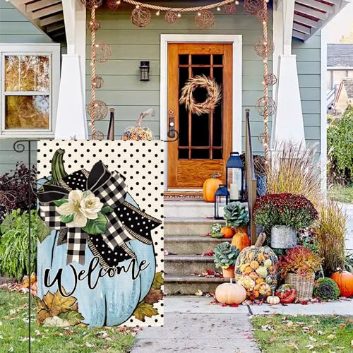 AVOIN colorlife Aqua Pumpkin Fall Welcome Garden Flag 12x18 Inch Double Sided, Polka Dot Seasonal Thanksgiving Autumn Yard Outdoor Decorative Flag