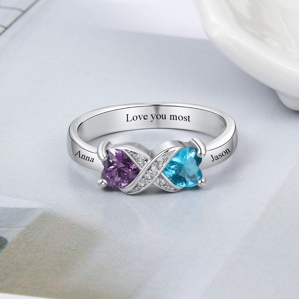 Personalized Infinity Mothers Ring with 2 Heart Simulated Birthstones Engagement Promise Rings for Women (9)