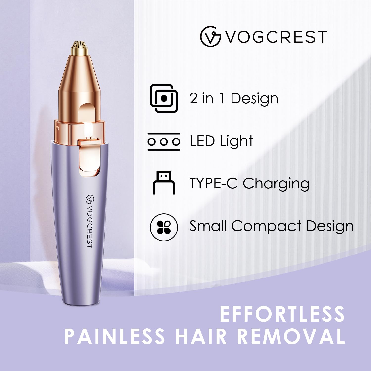 VG VOGCREST Eyebrow Facial Trimmer: 2 in1 Rechargeable Facial Hair Removal and Eyebrow Shaver - Face Lips Body Painless Facial Razor with Built-in LED Light (Solar Purple)