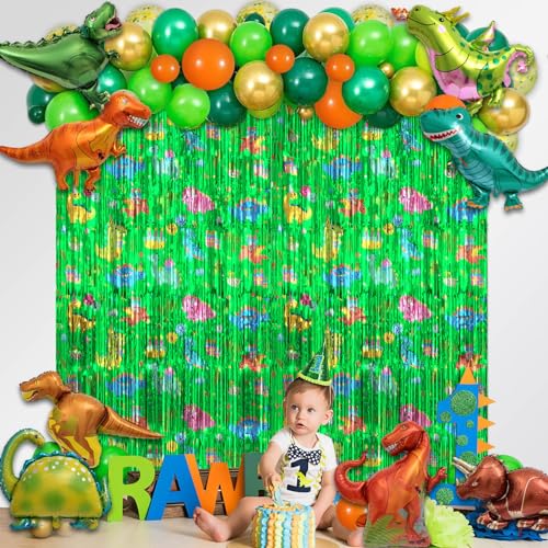 Avezano 104PCS Dinosaur Party Decorations, Dinosaur Themed Foil Fringe Curtains Party Set Backdrop for Boys Photo Booth Props, Dino Party Decor Supplies (Dinosaur)