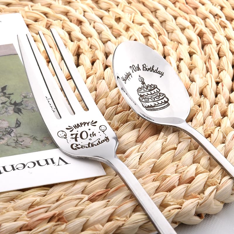 Happy 70th Birthday Gifts for Women Men Funny Cake Spoon and Fork Set 70 Year Old Birthday Gifts for Mom Dad 70 Yr Old Birthday Gifts for Grandma Grandpa Birthday Gifts for Sister Brother Gift Ideas