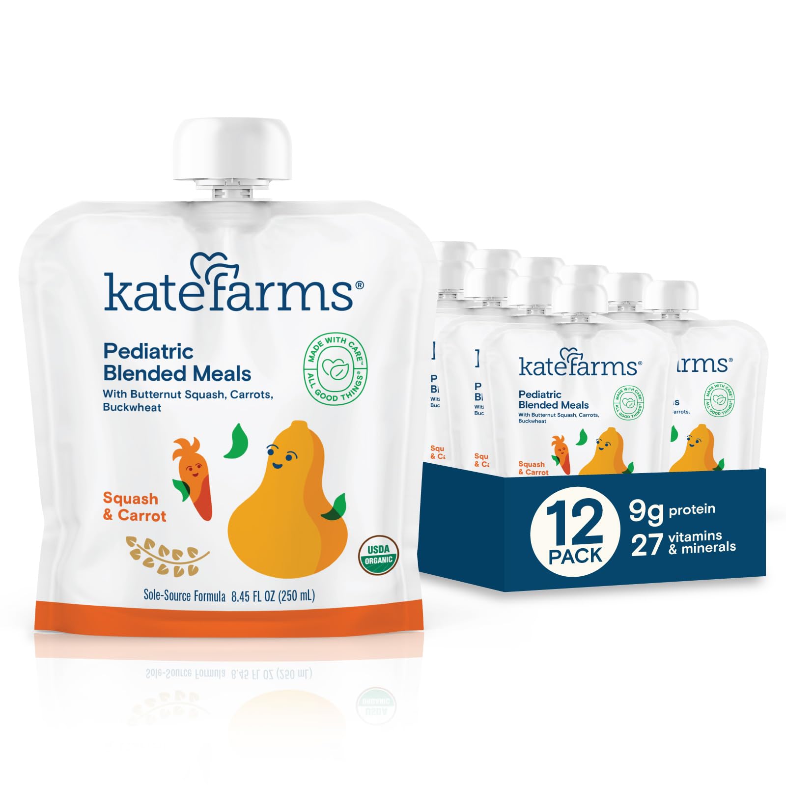 KATE FARMS Organic Pediatric Blended Meal, Squash and Carrot, 8g protein, organic whole foods, oral or tube feed nutrition, Gluten Free, Non-GMO, 8.45 oz (12 Pack)