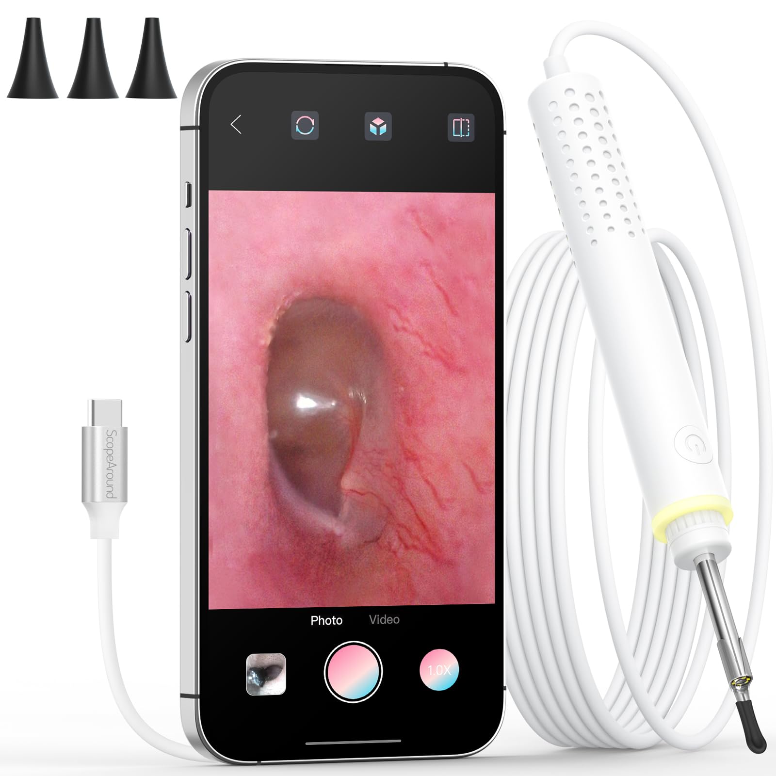 Otoscope Compatible with iPhone 15/Android, ScopeAround 3.9mm Ultra-Thin Ear Camera with 6 LED Lights, Digital Otoscope with Ear Wax Removal Tool, USB Plug & Play Ear Wax Camera for Android