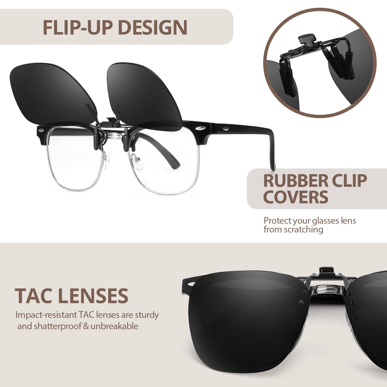 TJUTR Polarized Clip On Sunglasses Over Prescription Glasses, UV400 Protection, Anti-Glare, Metal Flip-Up Clip for Men Women