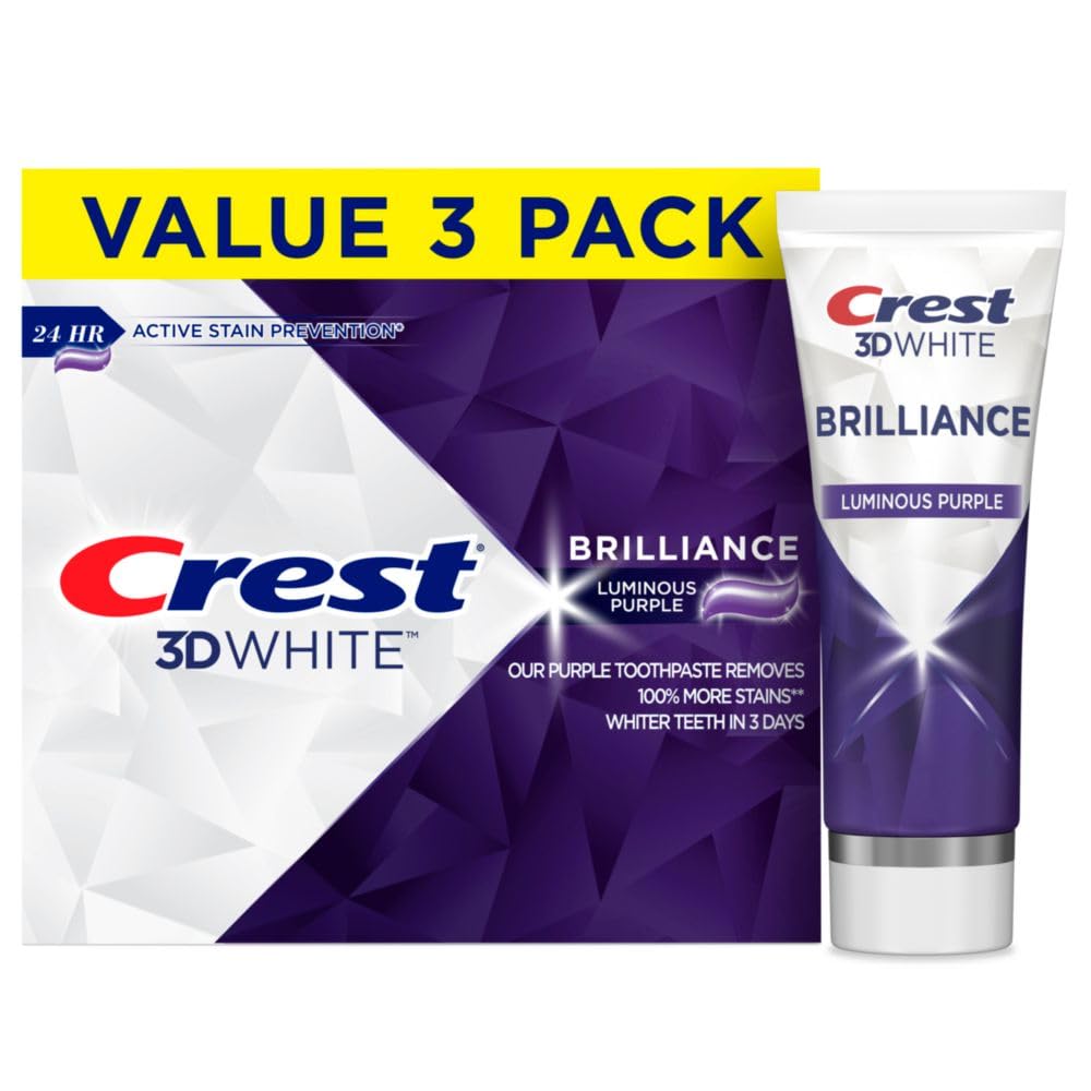 Crest 3D White Brilliance Luminous Purple Teeth Whitening Toothpaste, 4.6 oz Pack of 3, Anticavity Fluoride Toothpaste, Fights 100% More Surface Stains, 24 Hour Active Stain Prevention