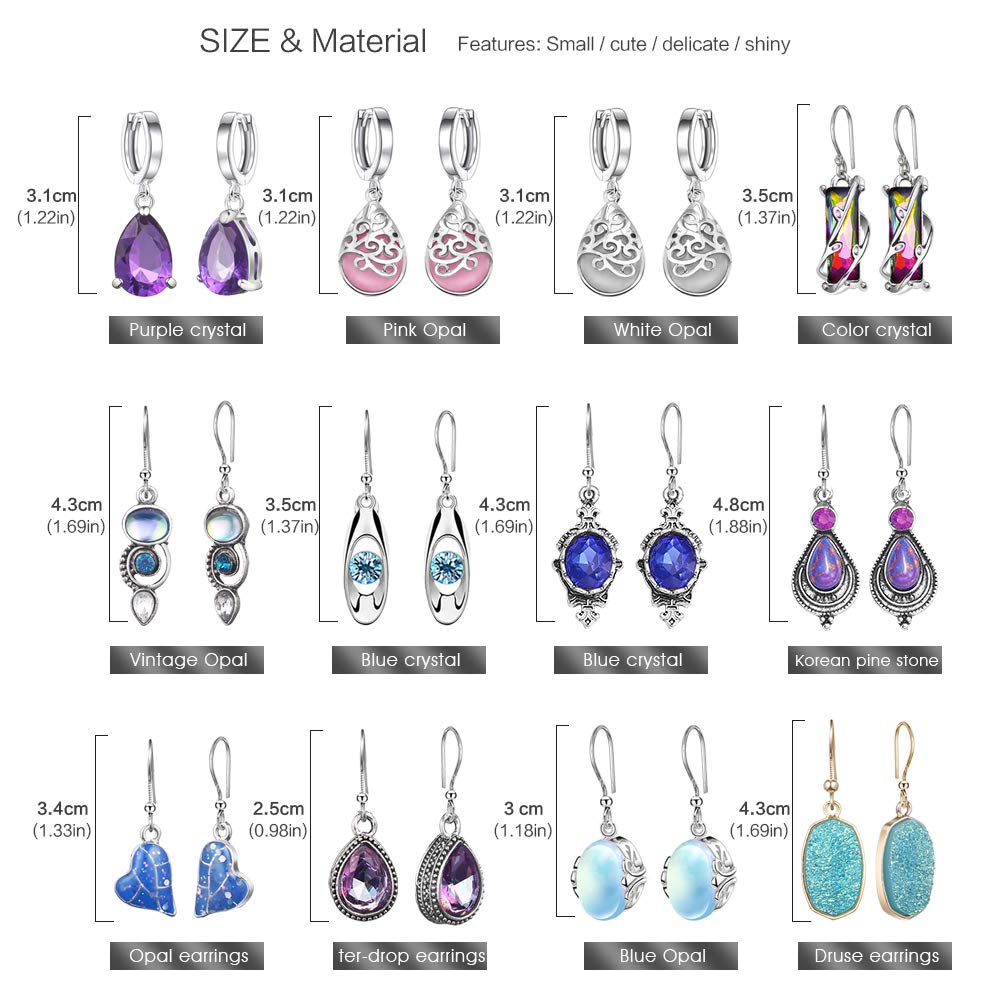 12 Pairs Teardrop Druse Crystal Drop Dangle Earrings for Women Girls Cubic Zirconia Huggie Hoop Earring Jewelry Set Christmas Gifts (1)