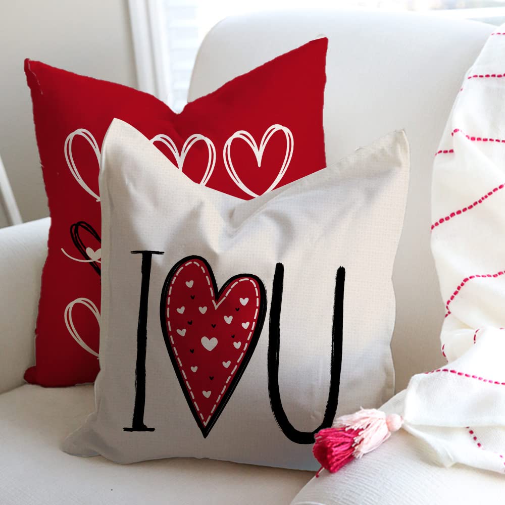 GEEORY Valentines Day Pillow Covers 18x18 Set of 4 Love Heart Valentines Day Decor Throw Pillows Decorative Cushion Cases for Sofa Couch Valentine Decorations