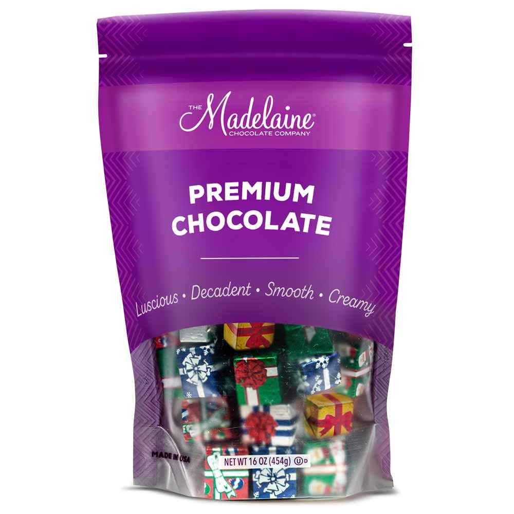 Madelaine Solid Premium Milk Chocolate Christmas Presents, Wrapped In Assorted Holiday Gift Wrap Italian Foils. - (1 LB)