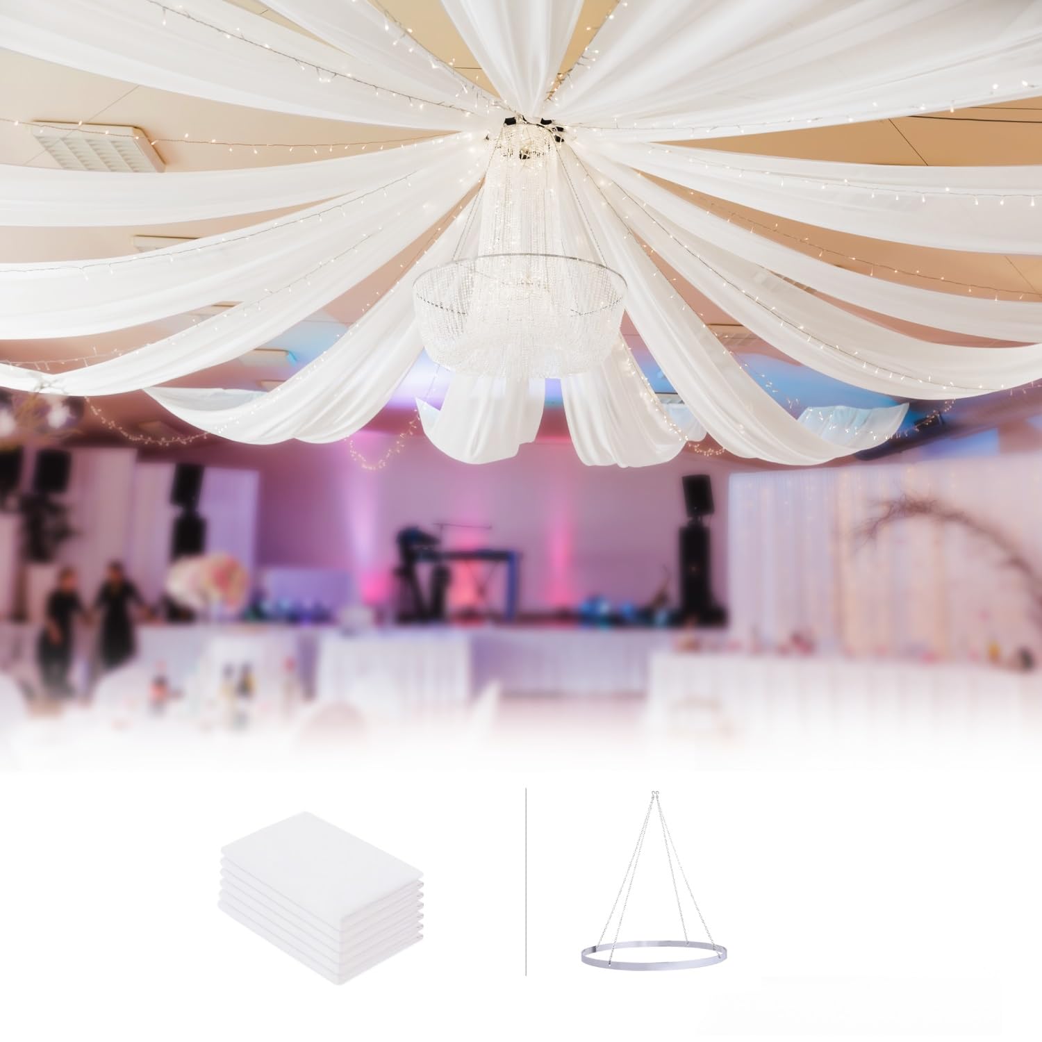 boldworks Ceiling Drapes Hanging Kit with Hoop and 6 Panels 5ftx10ft White Draping Fabric for Wedding Sheer Chiffon Ceiling Drapes for Weddings Arch Decorations Party Events Tent Drapery