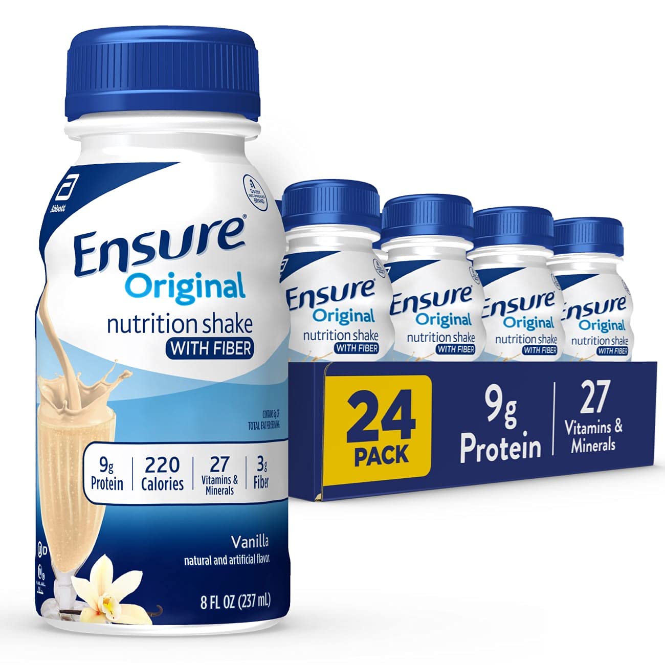 Ensure Original Vanilla Nutrition Shake with Fiber| Meal Replacement Shake | Ready To Drink | 9g Protein, 27 Vitamins and Minerals | 8 fl oz - 24 Pack