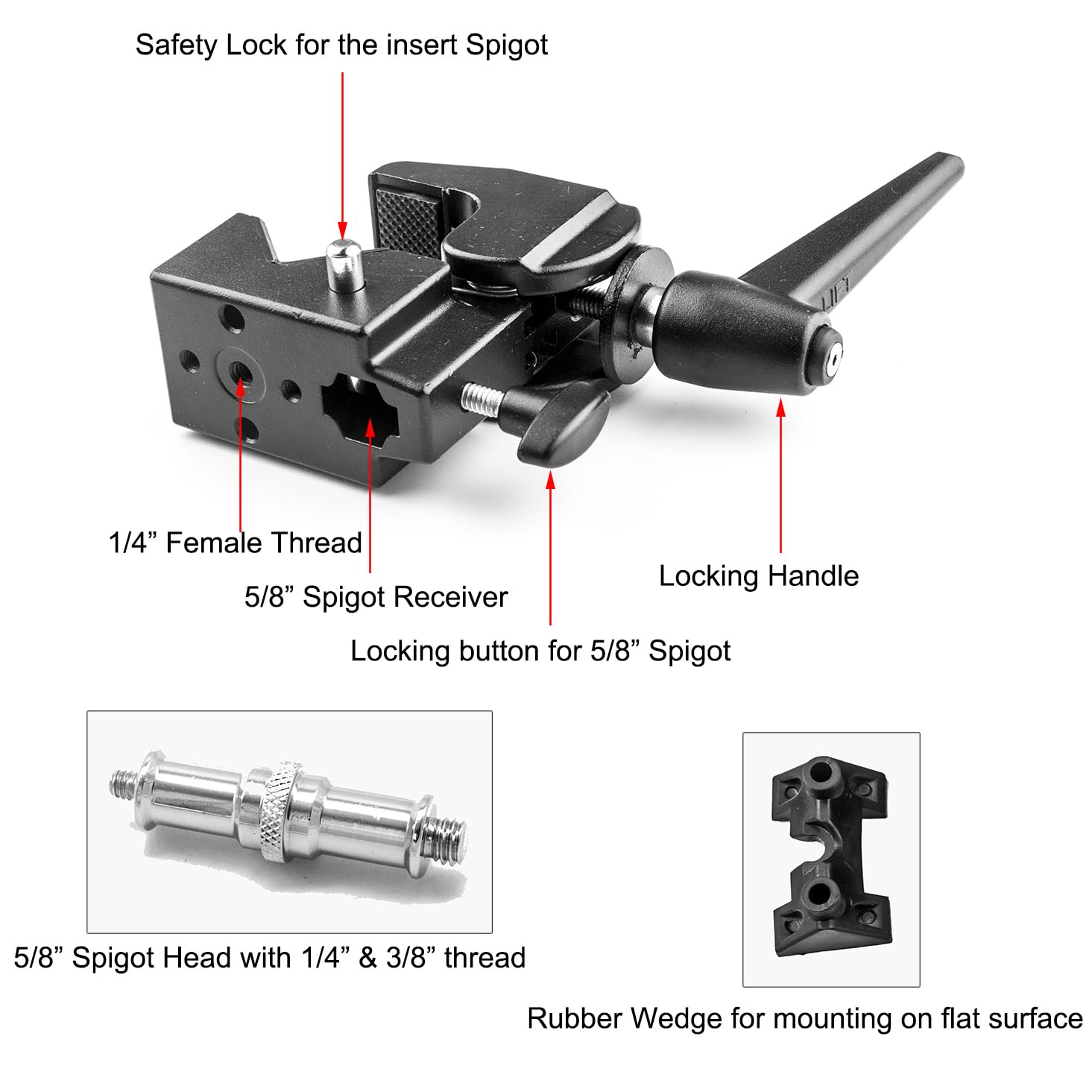 PHOCUS Super Clamp with Standard 5/8" Stud for Photography Studio Video Camera Lighting, Max Load 33lb /15kg, for Round Pipe and Flat Surface