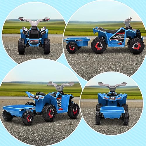 Aosom Kids ATV Quad Car with Back Trailer, 6V Electric Ride On Car with Forward Backward Function, Wear-Resistant Wheels, Ride on Toy for Toddlers Ages 18-36 Months, Blue