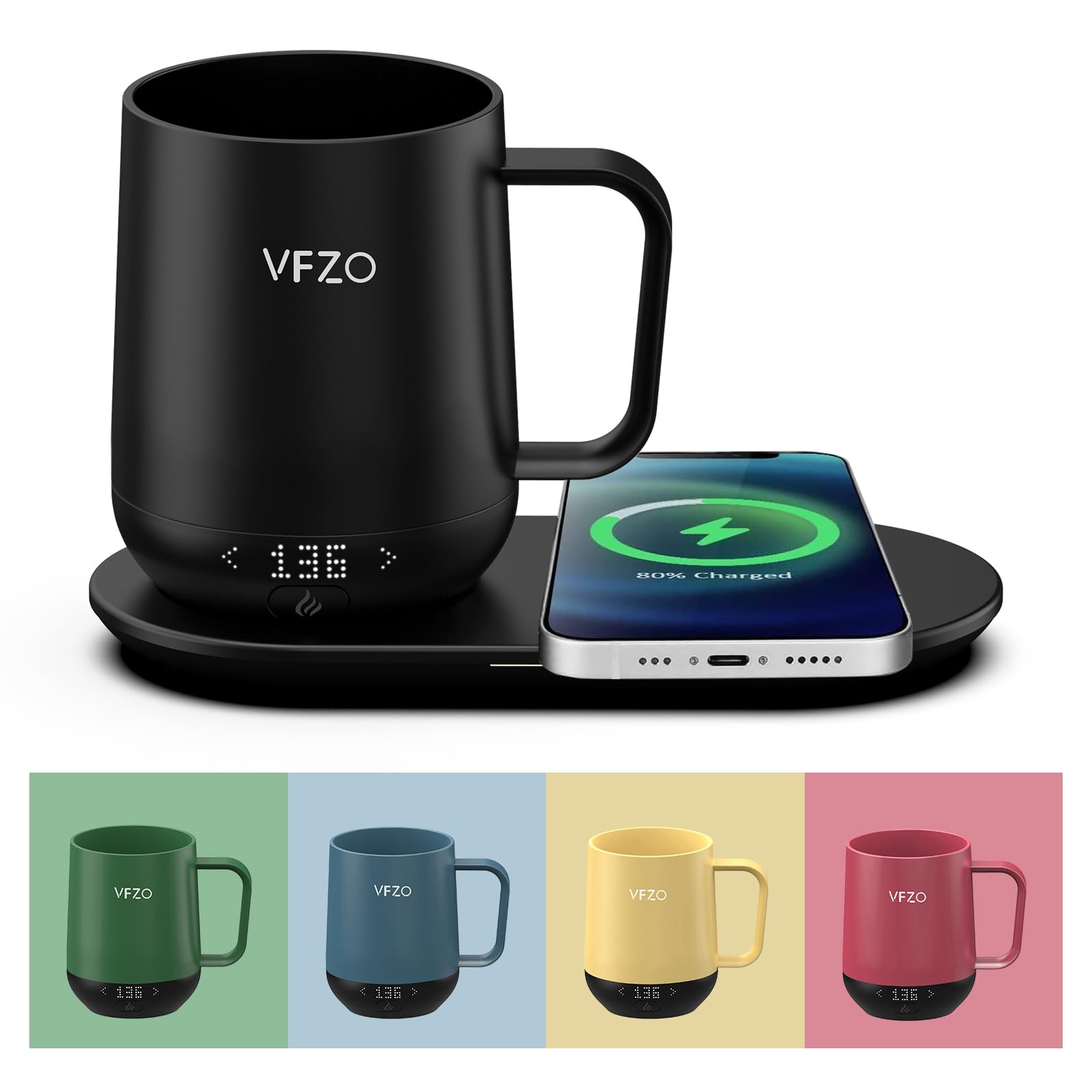 VFZO Temperature Control Smart Mug, Self Heating Coffee Mug LED Display, 180 Min Battery Life - Hot up to 149℉ Fast Wireless Charger Base Improved Design coffee serving sets mug(12oz, Black)