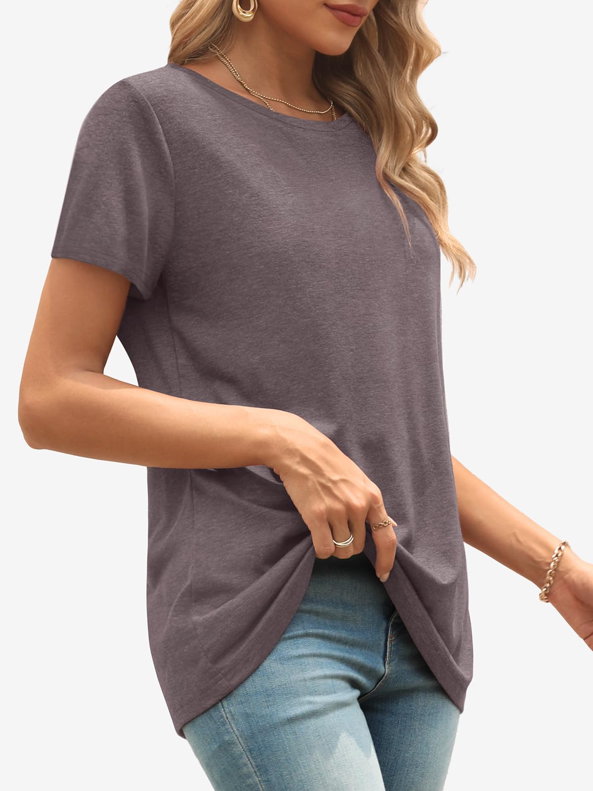 ATHMILE Womens Short Sleeve Round Neck Shirts Summer Top Fashion Basic Tee Grey Purple