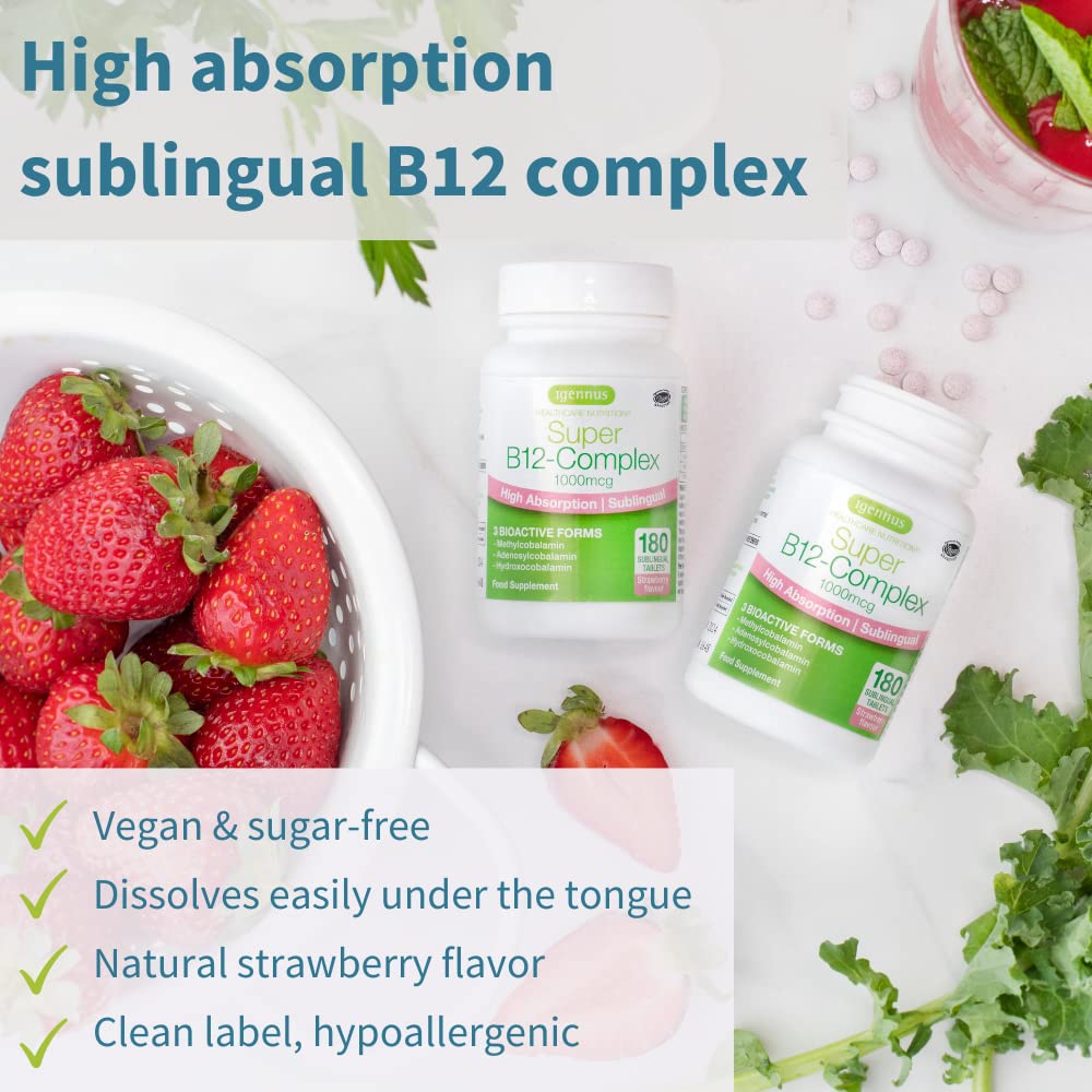 Super B12-Complex 1000mcg, Sublingual & Methylated Vitamin B12, Methylcobalamin, Adenosylcobalamin & Hydroxocobalamin, 180 Servings, Clean Label, High Absorption Sugar-Free Melts, Vegan, by Igennus