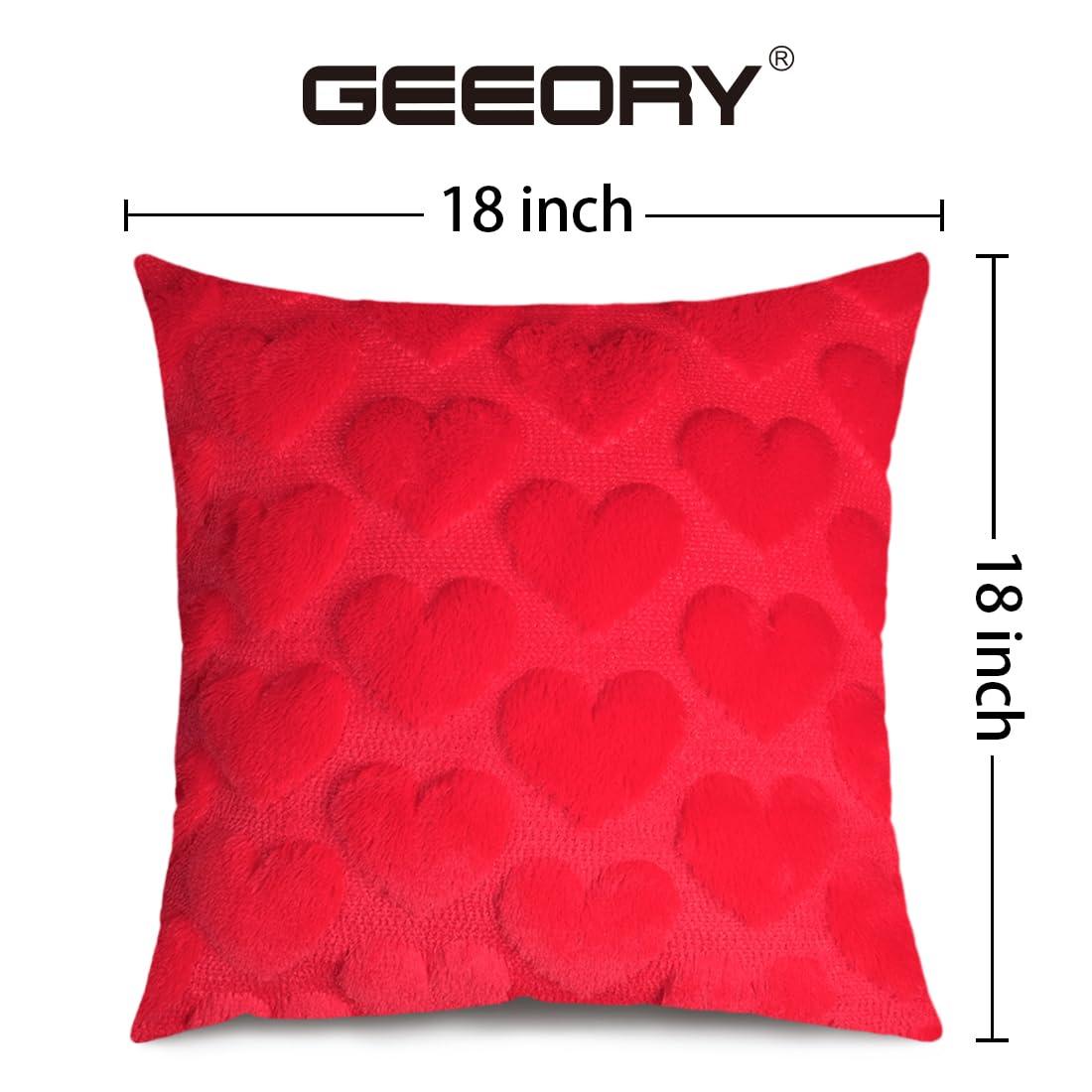 GEEORY Valentines Day Soft Plush Love Heart Pillow Covers, 18 x 18 Inch Set of 2, Faux Fur Wool Decorative Anniversary Cushion Case for Sofa Home Decoration Red GC010-18