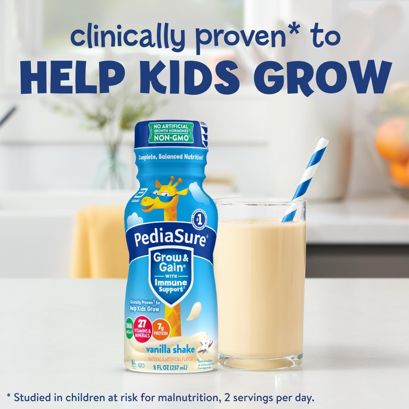 PediaSure Grow & Gain With Immune Support, Kids Protein Shake, Vanilla, 8-fl-oz Bottle, 6 Shakes