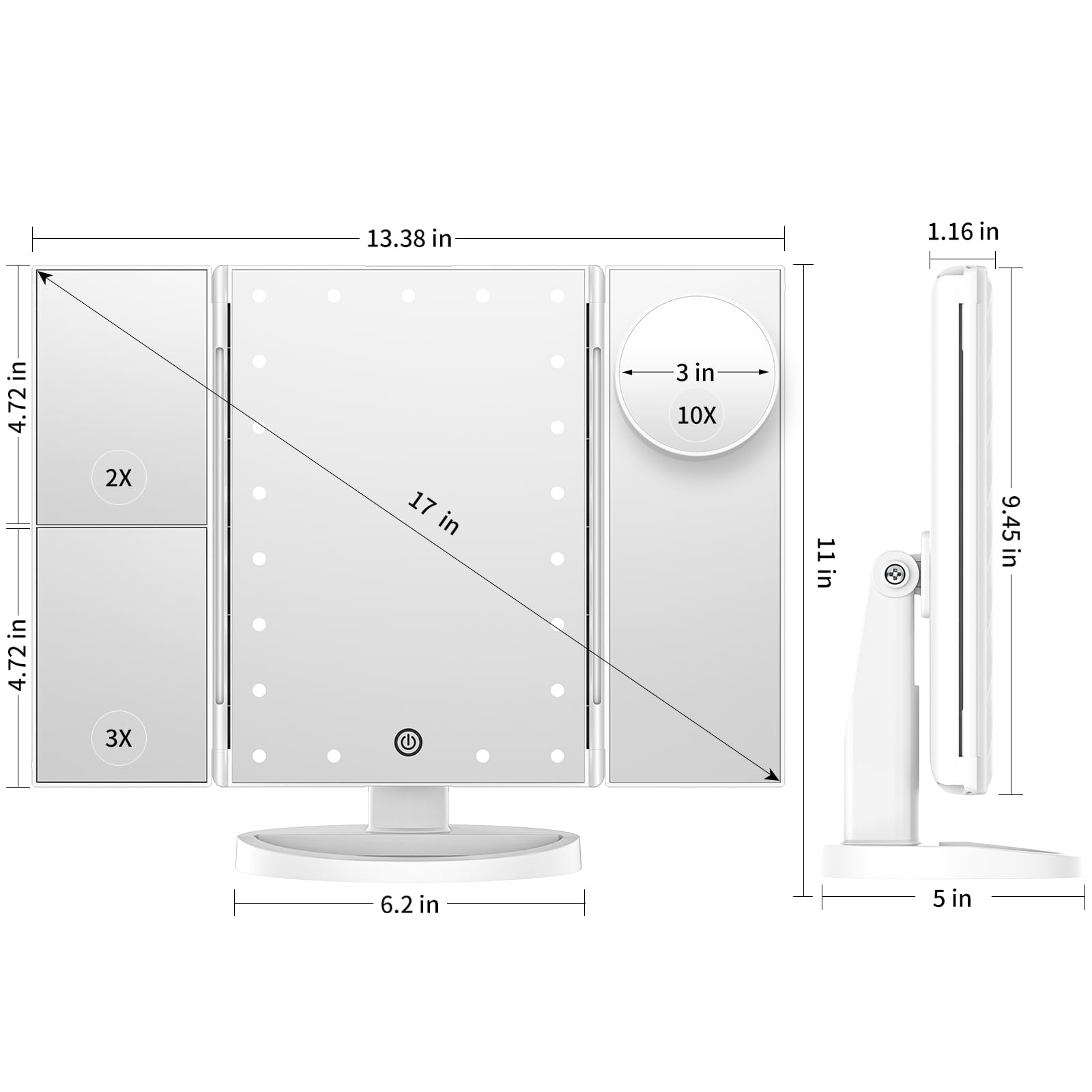 Vanity Mirror with Lights, Lighted Makeup Mirror with 2X 3X 10X Magnification, 21 LED Trifold Compact Touch Dimming Light Up Mirror, Dual Power Supply, Gifts for Women (White)