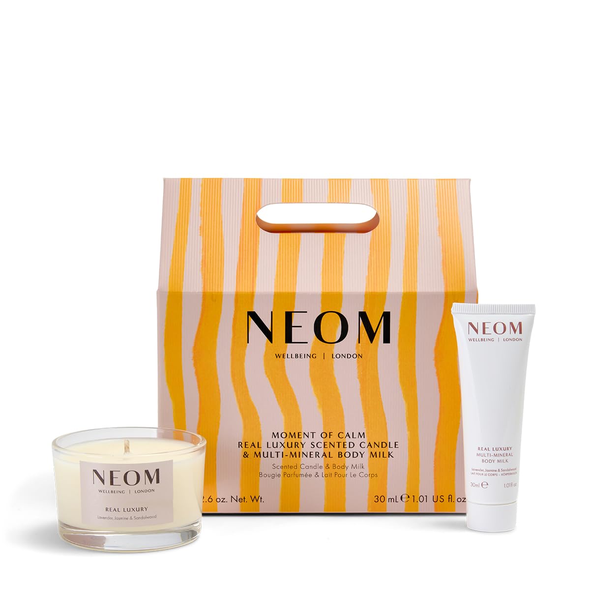 NEOM- Moment of Calm Gift Set | Real Luxury Travel Candle & Real Luxury Multi-Mineral Body Milk 30ml