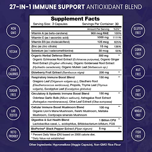NutraChamps 27 in 1 Immune Support Supplement, 90 Immune Defense Capsules, 1000mg Vitamin C, 5000 IU D3, Elderberry, Zinc, 1 Billion CFU Probiotics & More (Pack of 2)
