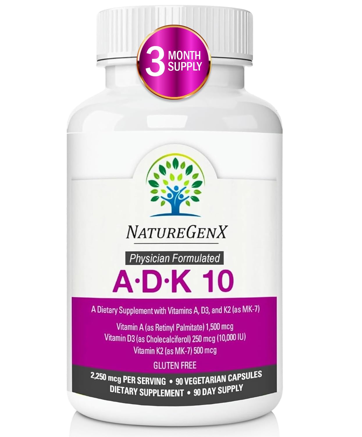 NatureGenX ADK 10 Supplement - Potent A, K2 & D3 Vitamin Supplement 10000 IU for Bone, Heart & Immune Support - 90 Count Easy-to-Swallow Vitamin ADK Supplement Capsules (3 Month Supply)