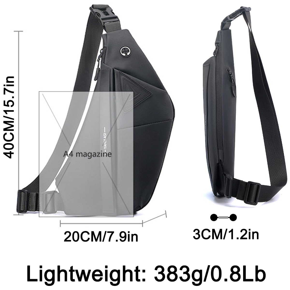 Slim Sling Bag, Anti-Theft Crossbody Chest Shoulder Backpack Water Resistant Personal Pocket Bag for Hiking Travel (Black- Left Hand)