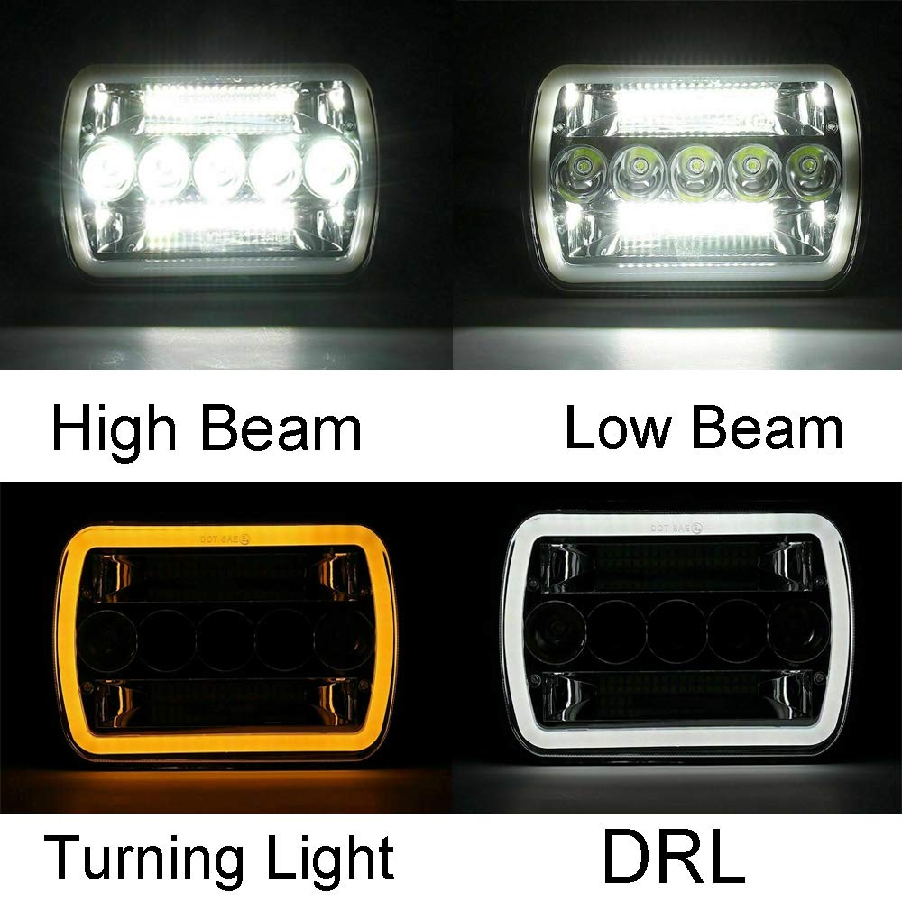 AMUNIESUN Super Bright Pair 7x6 5x7 Headlights 6052 6054 H5054 H6054 Hi/Low Sealed Beam White/Amber Halo Compatible With Jeep TJ JK Cherokee XJ YJ Pickup Dodge Ram Ford Chevy Chevrolet Express Nissan