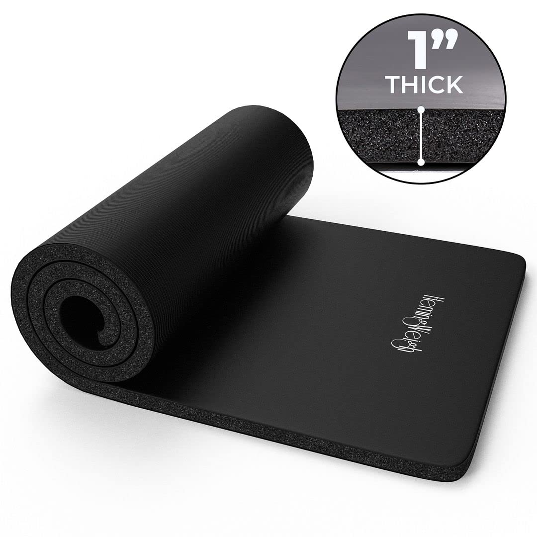 HemingWeigh Yoga Mat 1 inch Extra Thick | Non Slip Black (70"L x 23"W)