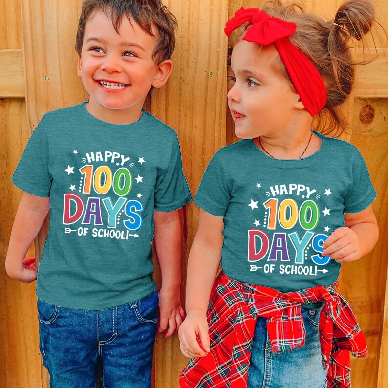 Toddler Happy 100 Days of School Shirt Cute Boys Girls Kindergarten Shirts 100th Day of School Celebration Gifts Tops Cyan