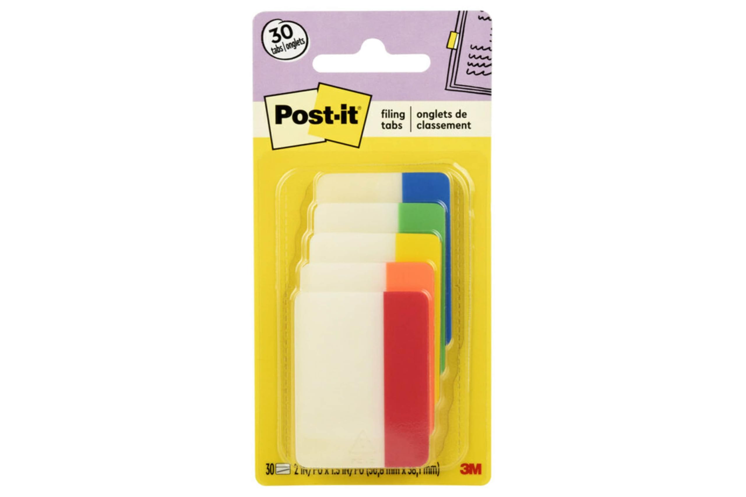 Post-it Tabs, 2 in, Solid, Assorted Colors, 6 Tabs/Color, 5 Colors, 30 Tabs/Pack (686-ROYGB)