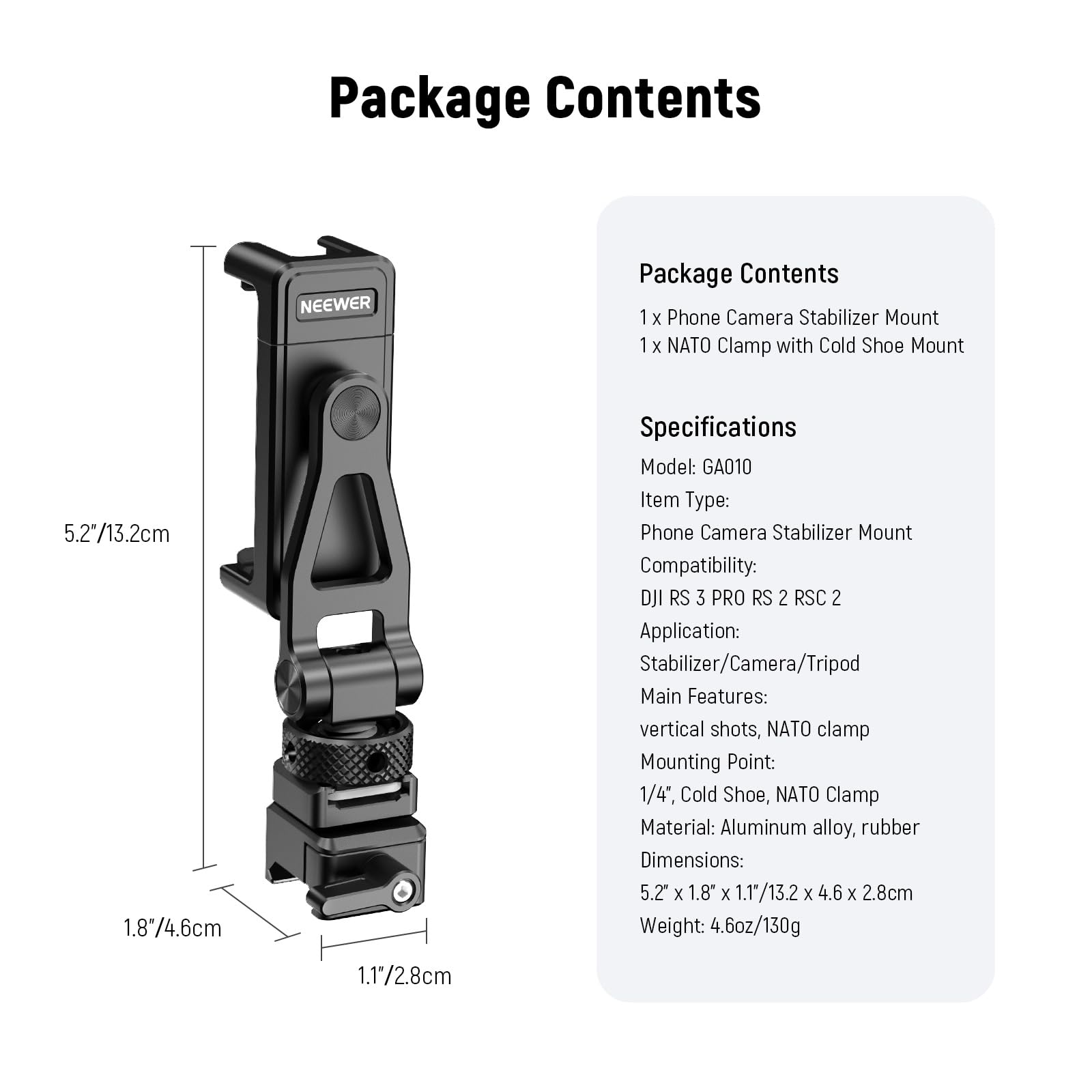 Neewer Metal Phone Tripod Mount with Cold Shoe Mount & NATO Clamp for DJI RS4 RS3 Pro RS2 RSC2 Gimbal Stabilizer, 180° Tilt Phone Clamp Clip Holder Compatible with iPhone 15 Pro Camera Cages, GA010